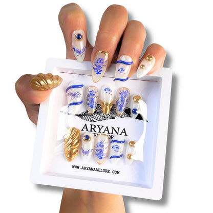 ARYANA NEW YORK Handmade Press On Nails - Blue Dragon Chinese Pottery