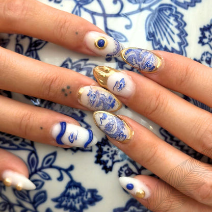 ARYANA NEW YORK Handmade Press On Nails - Blue Dragon Chinese Pottery